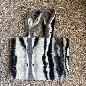 Fuzzy Black and Gray Striped Tote Bag